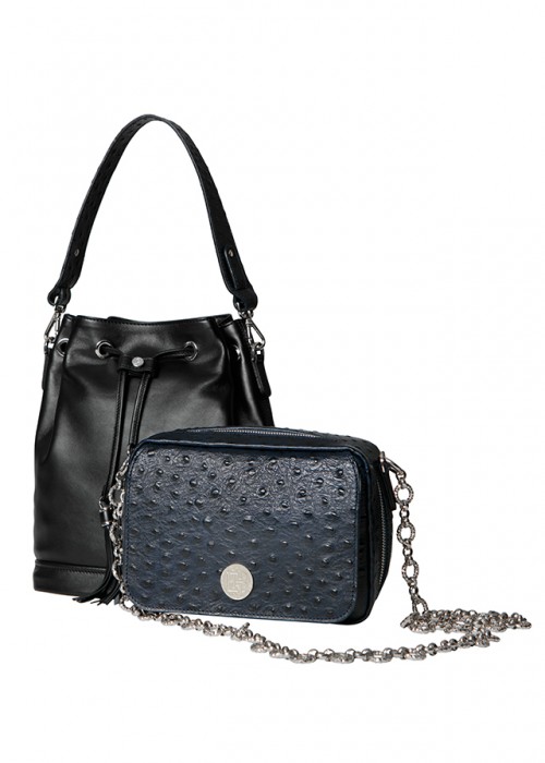 Genie Petite changeable Beef neck Ostrich embossing midnightblue, Pouch Nappa Aniline black