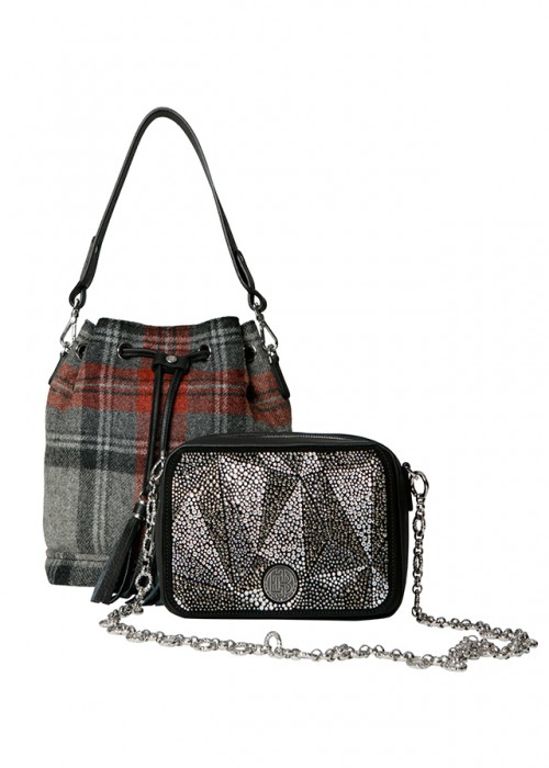 Genie Petite changeable Taurillon black, Pouch Tweed grey/black/red